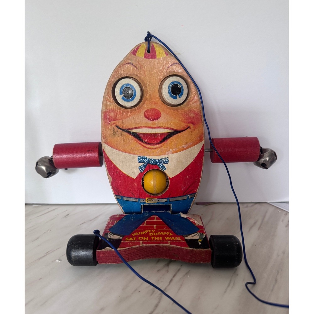 Vintage Fisher Price Humpty Dumpty Wooden Pull Toy 757 Bells Nursery Decor